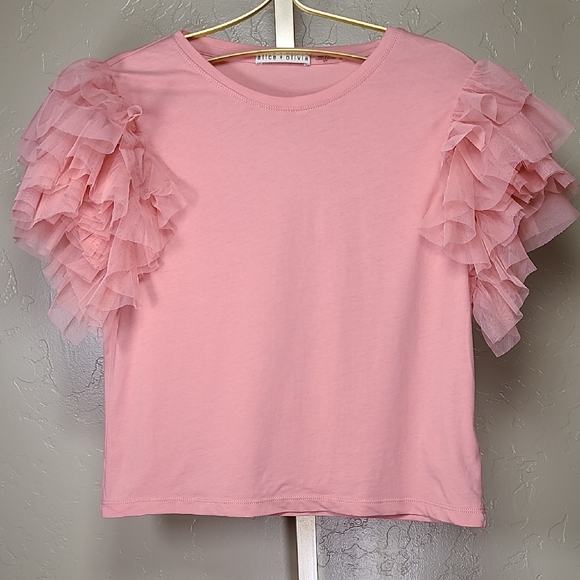 Alice + Olivia Tops - Alice + Olivia Blush Pink Rylan Tulle Sleeve T-shirt Fairy Top 100% Cotton